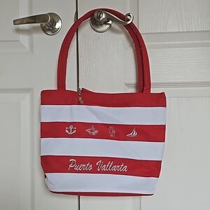 Puerto Vallarta Women's Souvenir Beach Tote With Coin Purse Small Red/ White